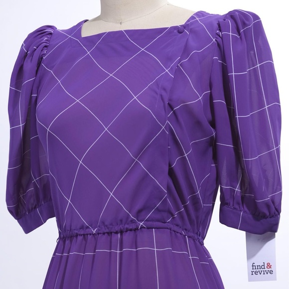 80s Windowpane Print Chiffon Dress - Picture 4 of 4